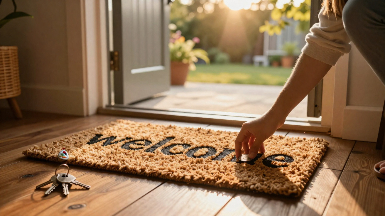 Hand legt Schlüssel auf braune Fußmatte mit der Aufschrift „welcome“ vor geöffneter Tür ins Freie.