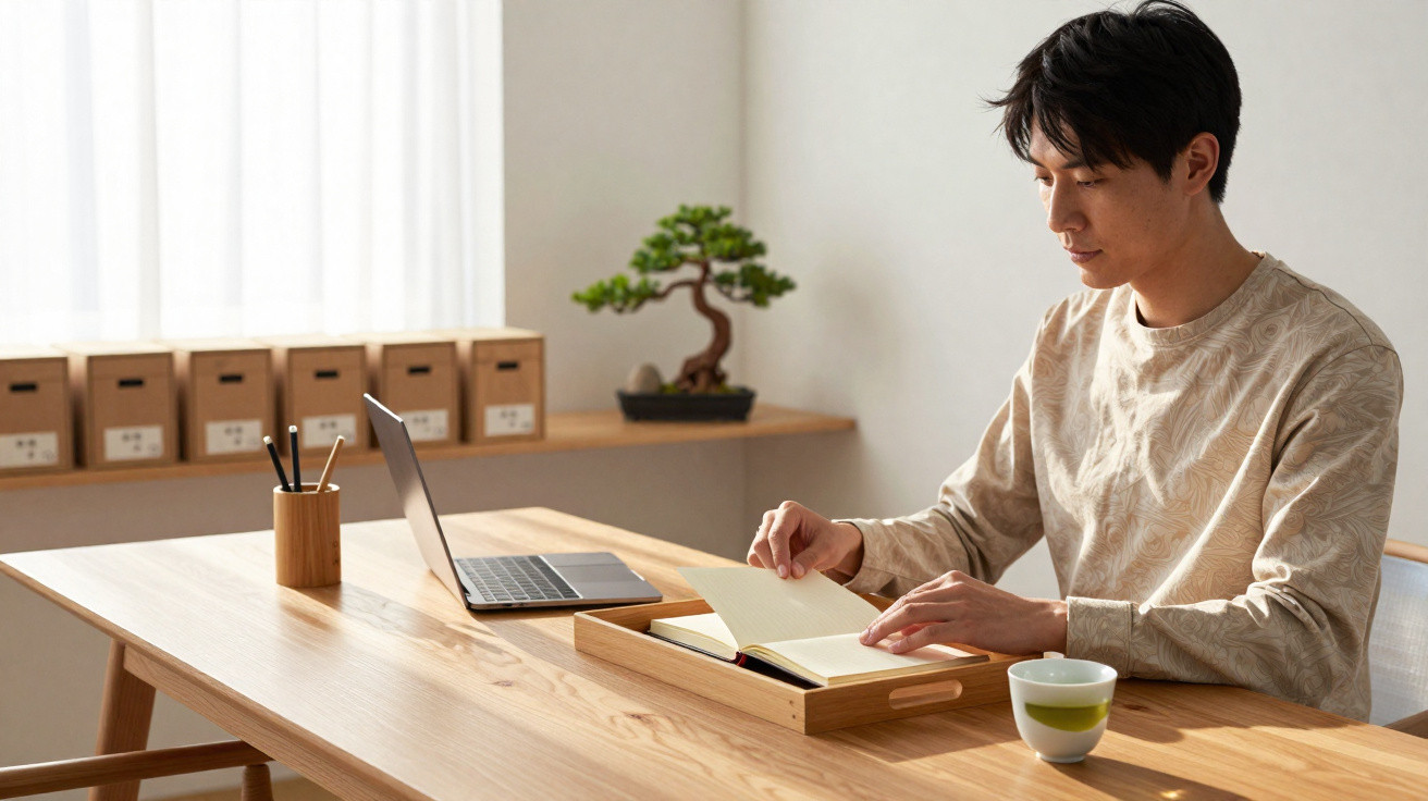 Junger Mann sitzt an hellem Holztisch, liest Buch neben Laptop und Teetasse in hellem Raum mit Bonsai.