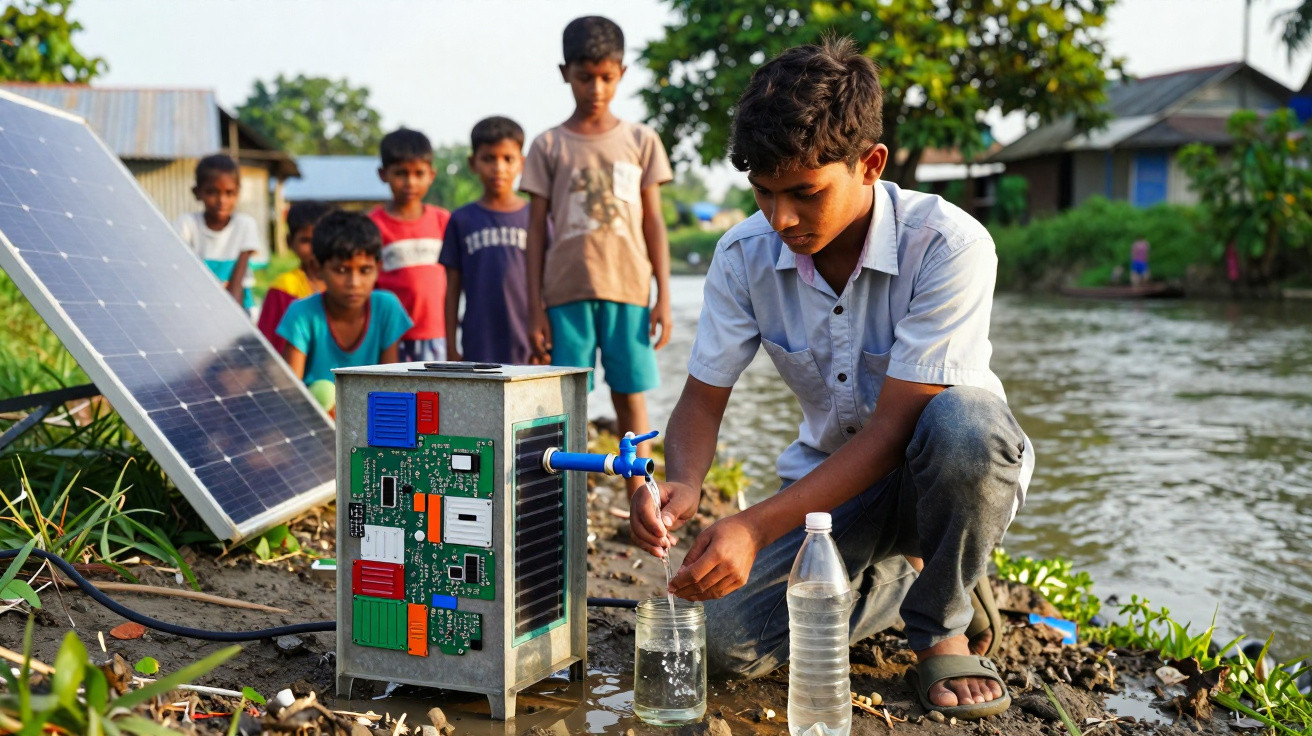 Junge füllt Wasserflasche an solarbetriebenem Wasserfilter, Gruppe Kinder beobachtet, ländliche Umgebung am Wasser.