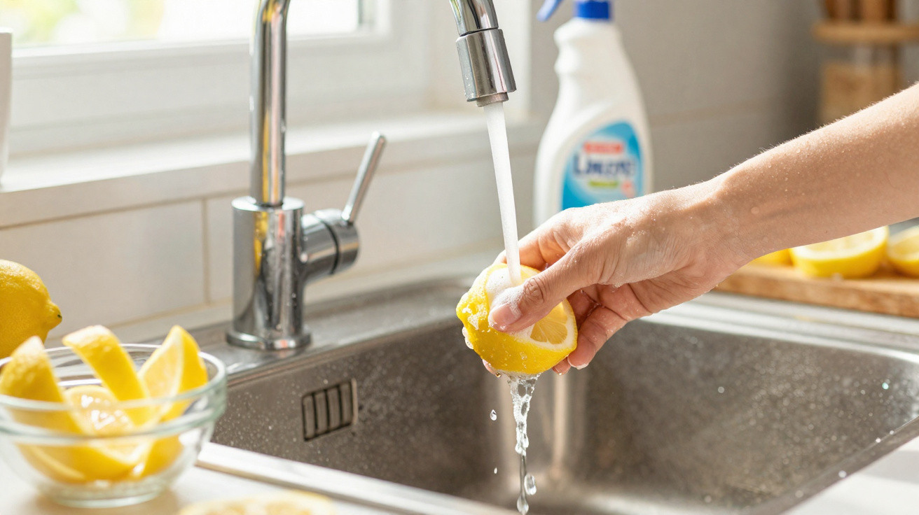Hand wäscht eine halbierte Zitrone unter fließendem Wasser in der Küchenspüle.