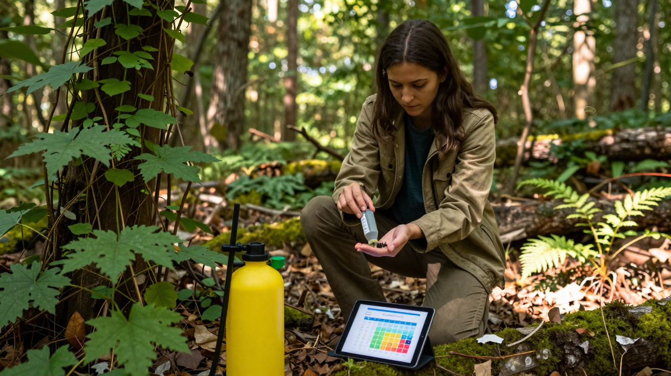 Frau untersucht mit Analysegerät Bodenproben im Wald, umweltwissenschaftliche Feldarbeit im Grünen.