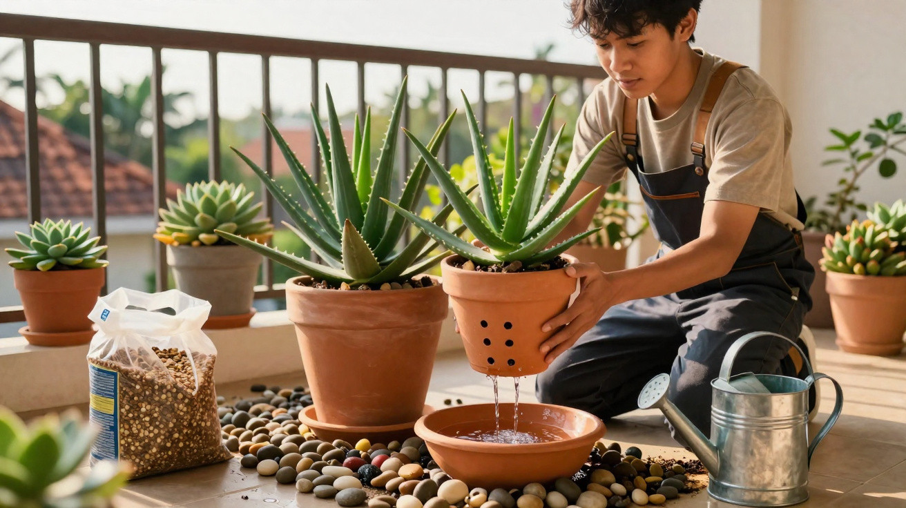 Person gießt Aloe Vera aus einem Blumentopf auf einem Balkon mit mehreren Pflanzen und Gießkanne.