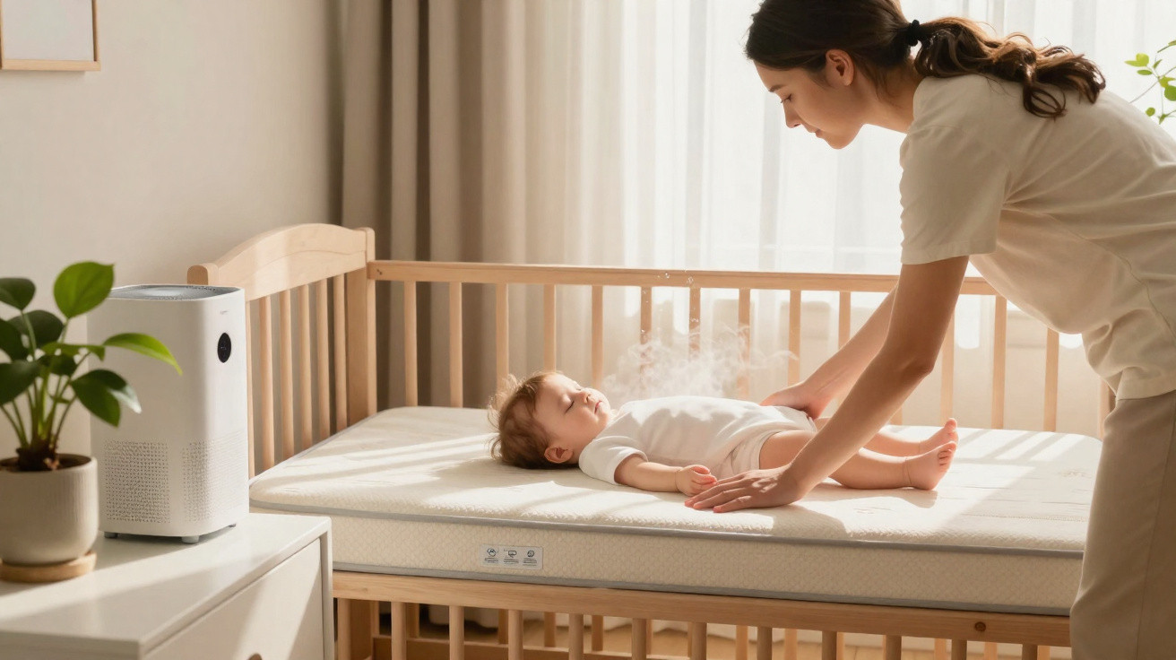 Mutter beugt sich fürsorglich über Baby im Kinderbett mit Luftbefeuchter und Pflanze im Hintergrund.