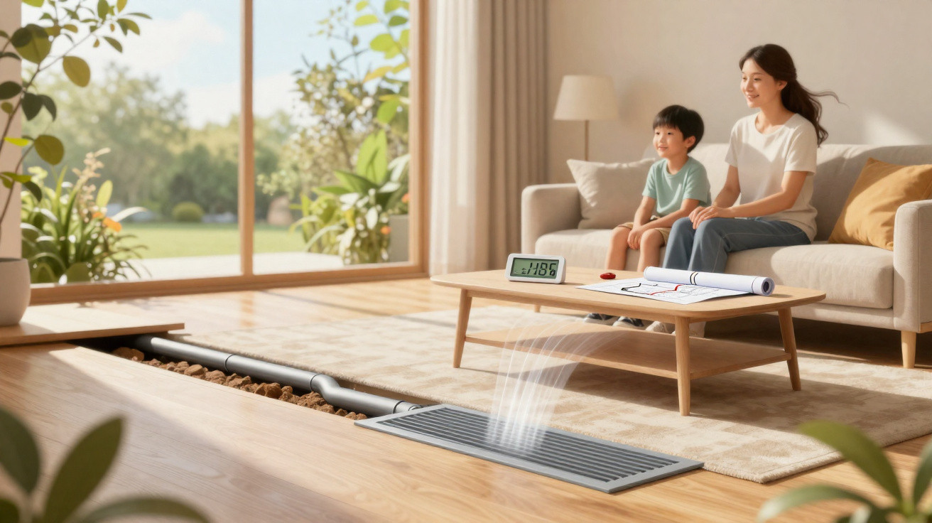 Mutter und Sohn sitzen auf dem Sofa, während eine moderne Lüftungsanlage frische Luft in den Raum leitet.
