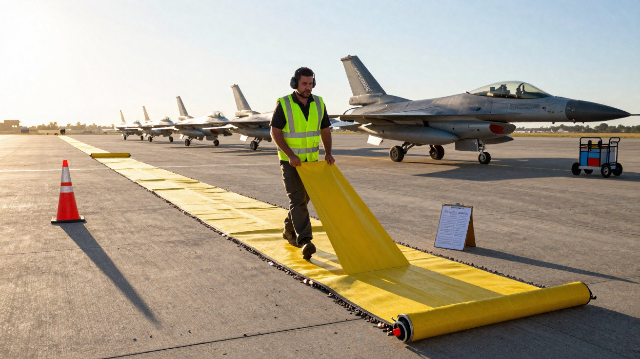 Mann mit Schutzweste rollt auf Rollfeld gelben Teppich aus, dahinter geparkte Militärjets in der Sonne.