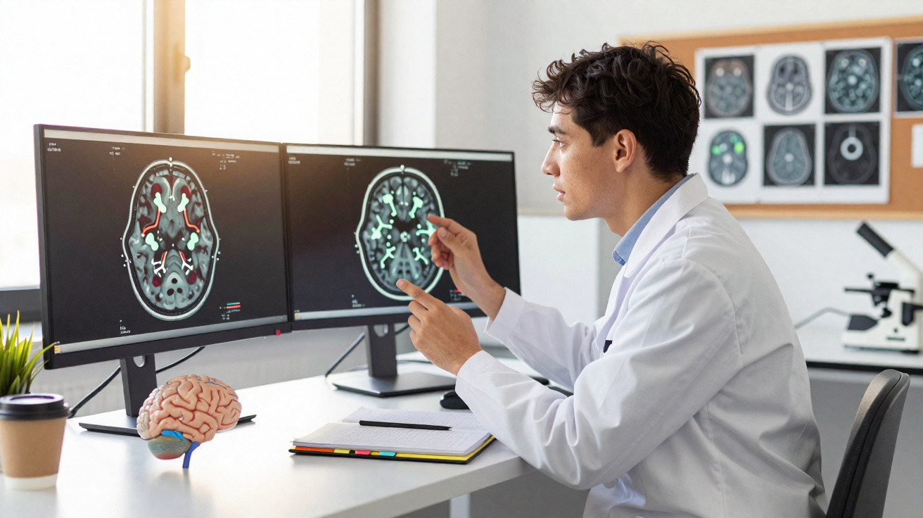 Mediziner analysiert Gehirnscans auf zwei Monitoren im hellen Büro mit Gehirnmodell auf dem Schreibtisch.