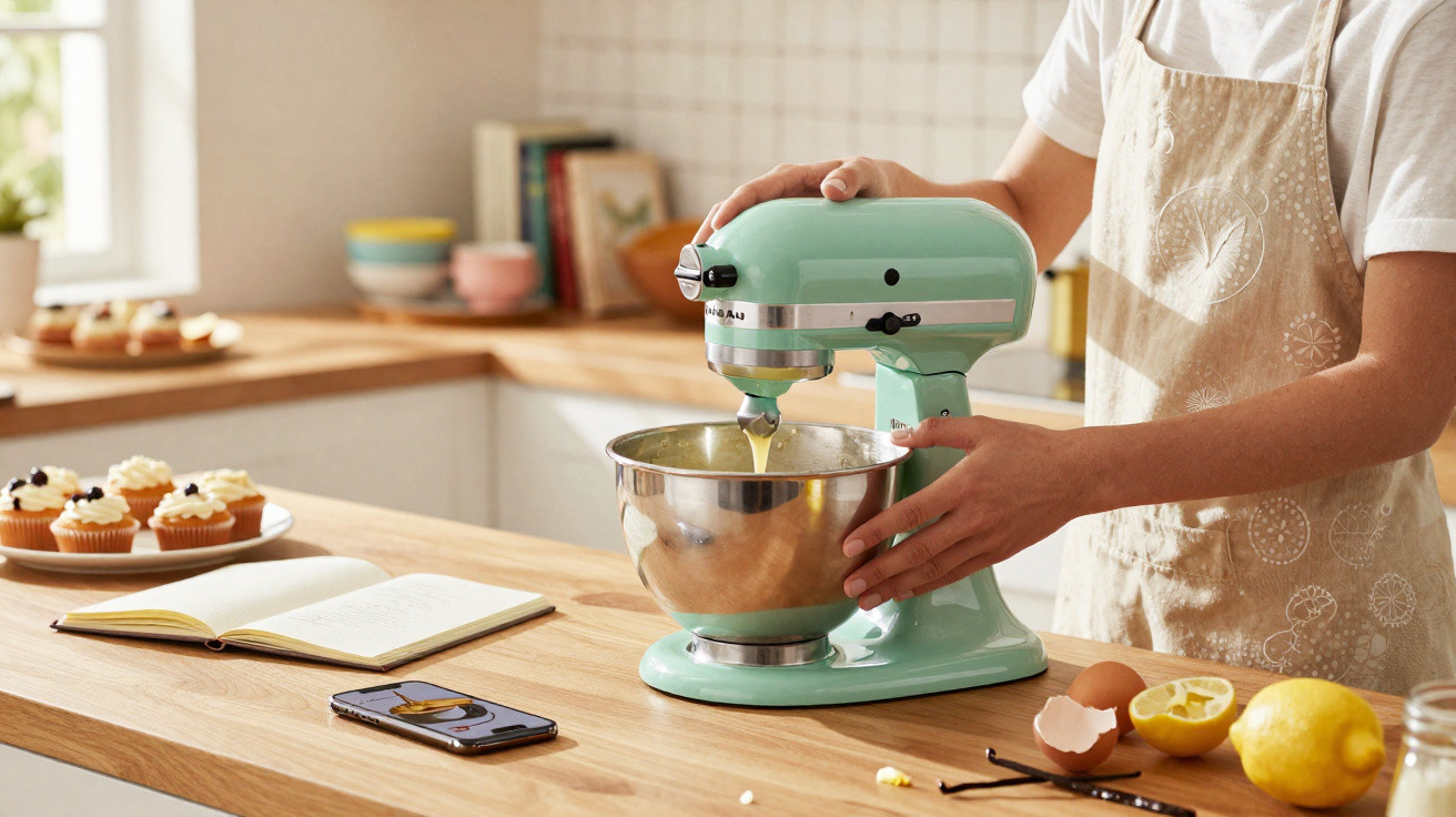Person rührt Teig mit mintgrüner Küchenmaschine in moderner Küche mit Cupcakes und Kochbuch auf Holzarbeitsplatte.