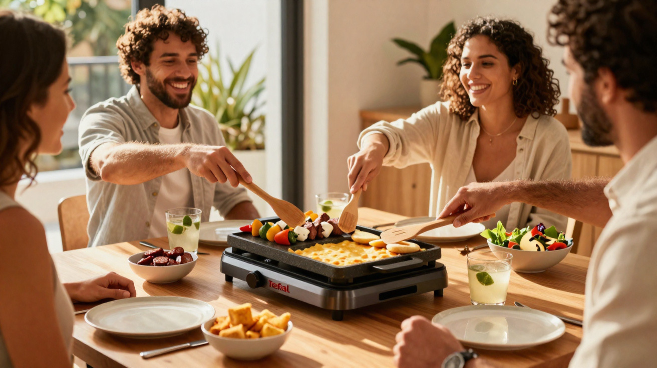 Vier junge Erwachsene grillen gemeinsam Gemüse und Käse auf einem Tischgrill in gemütlicher Atmosphäre.