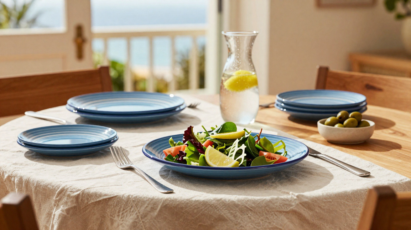 Esstisch mit blauem Geschirr, Salat mit Zitronenscheiben, Olivenschale und Karaffe mit Zitronenwasser.