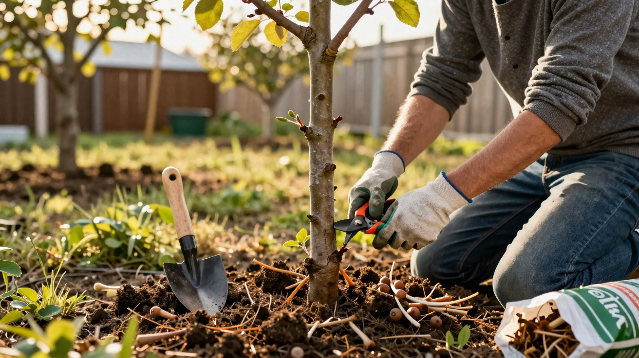 Person mit Handschuhen schneidet Äste an einem jungen Baum im Garten bei Sonnenlicht.