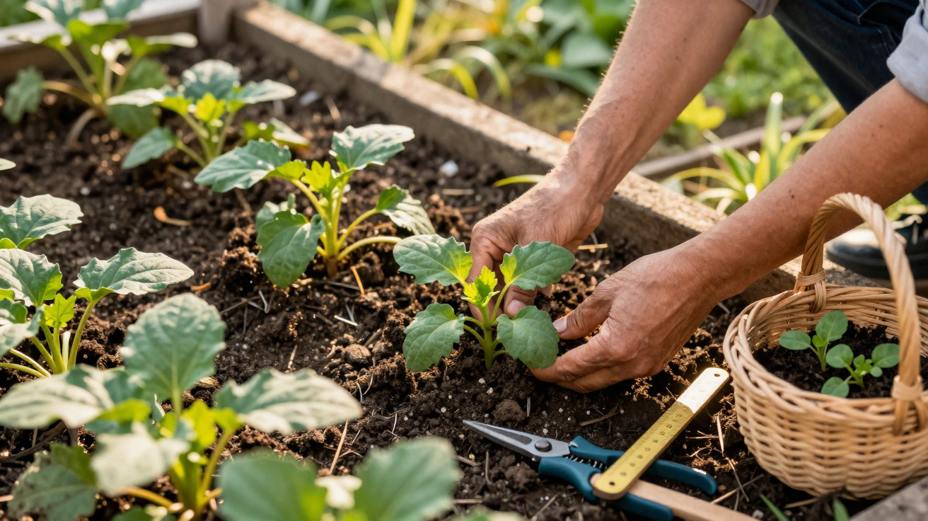 Person pflanzt junge Setzlinge in Hochbeet, Gartenschere und Korb mit Pflanzen daneben auf Erde liegend.