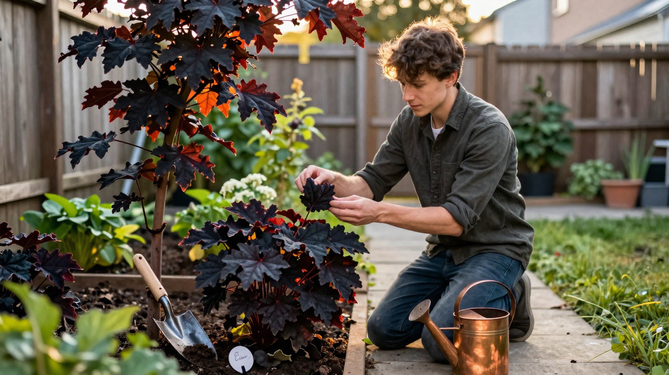 Mann kniet im Garten und pflegt dunkle Pflanzen mit Gießkanne und Gartenschaufel neben ihm.