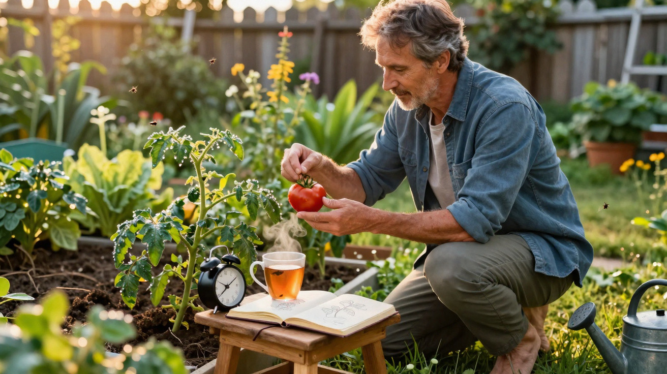 Mann hält reife Tomate im Garten, neben Tisch mit Buch, dampfendem Tee, Wecker und Gießkanne im Hintergrund.