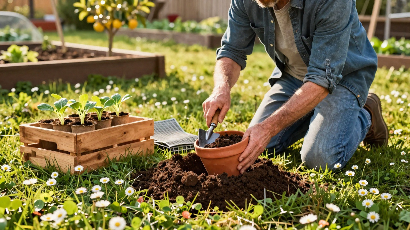 Mann füllt einen Blumentopf mit Erde, umgeben von Blumen und Setzlingen im Garten bei Sonnenschein.
