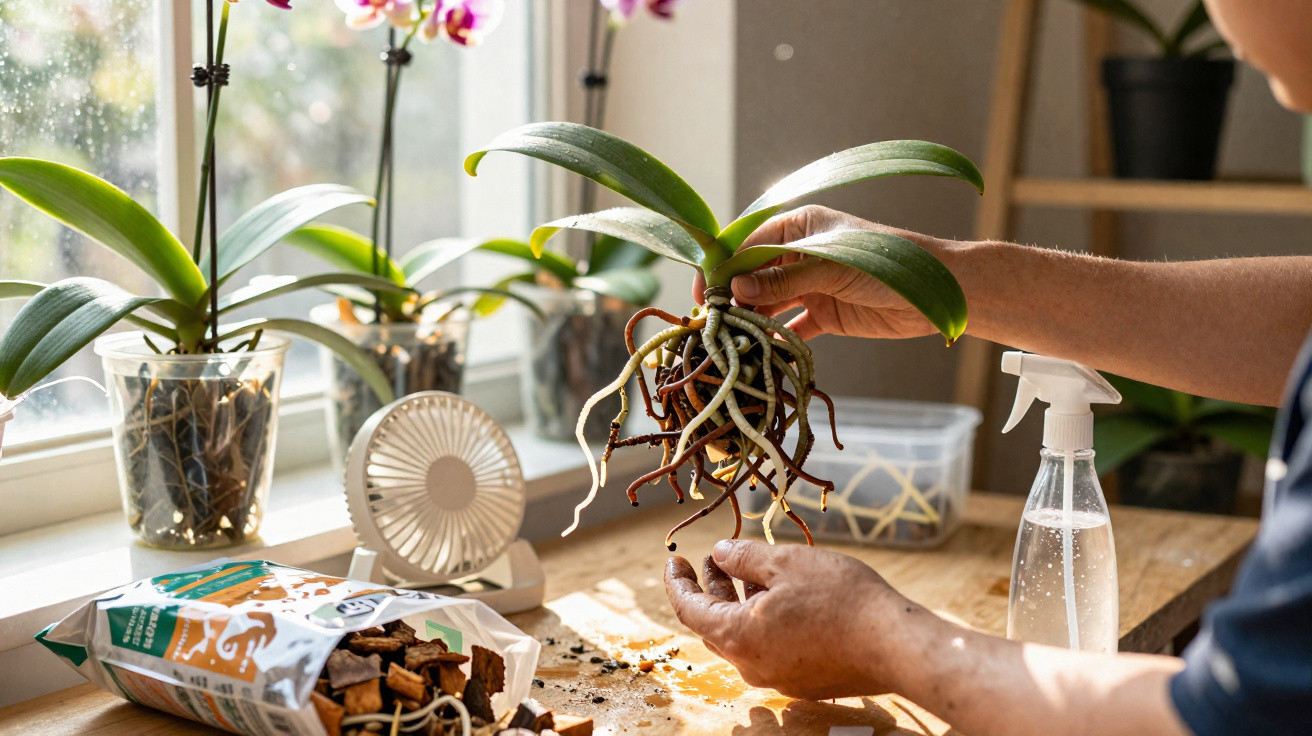 Person pflegt Orchideen, hält Pflanze mit freiliegenden Wurzeln über Tisch mit Erde und Mulch vor Fenster.
