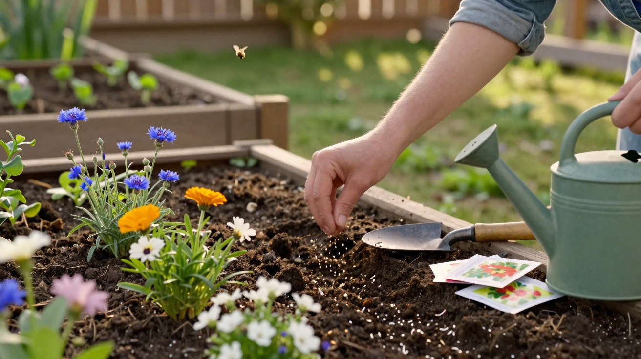Hand setzt Samen in Hochbeet mit bunten Blumen, Gießkanne und Handschaufel im Garten zu sehen.