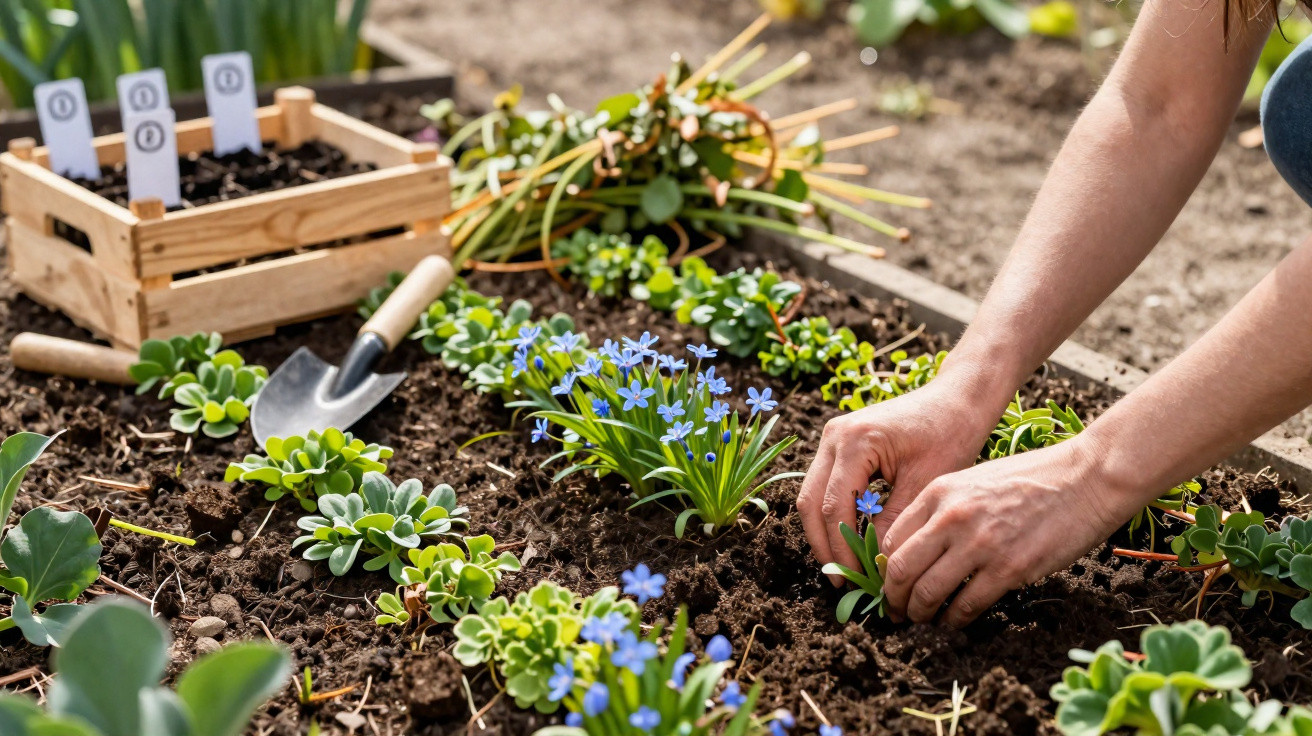Gärtner pflanzt blaue Blumen in ein Beet, umgeben von Erde, Pflanzen und Gartenwerkzeugen.