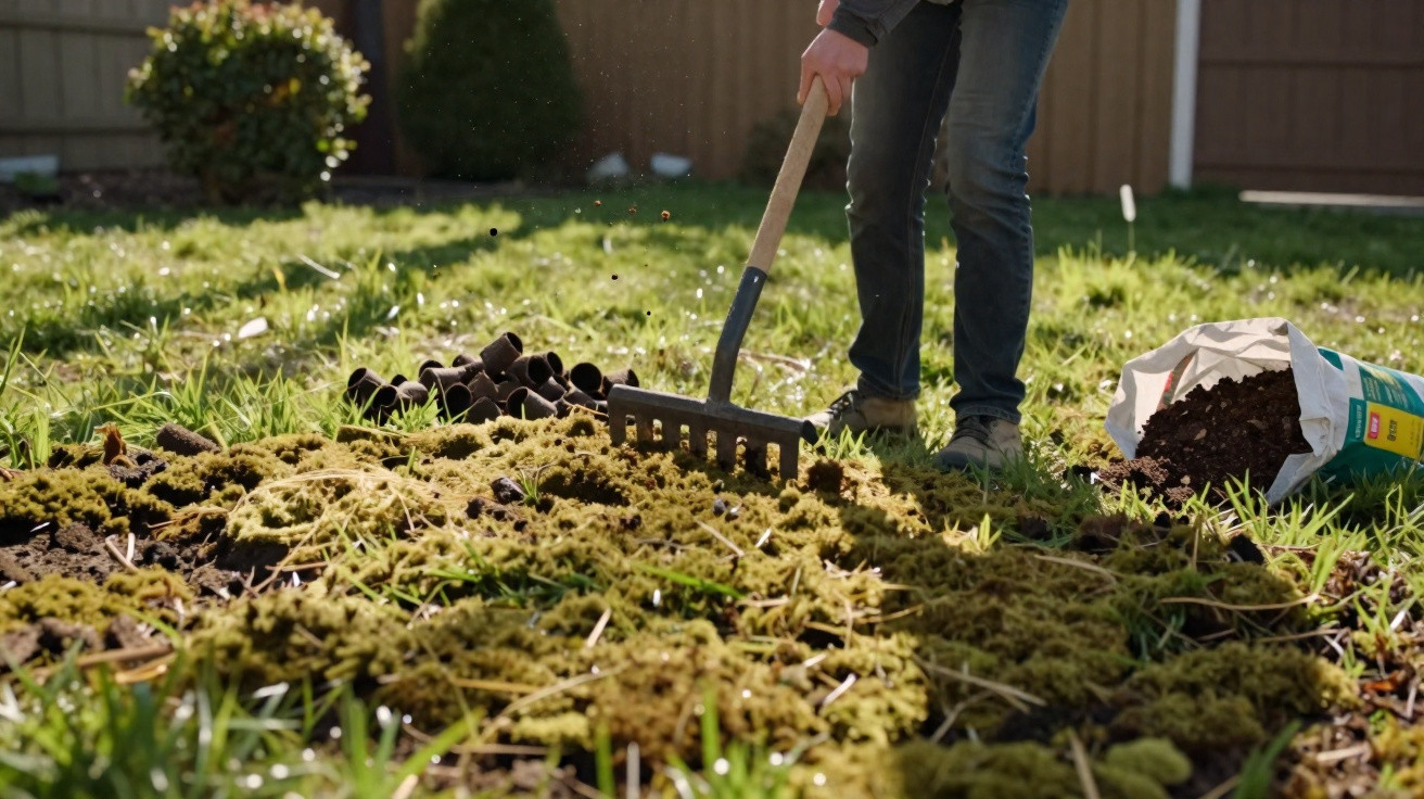 Person harkt Moos im Garten, neben einem Sack mit Gartenerde und kleinen Pflanztöpfen.