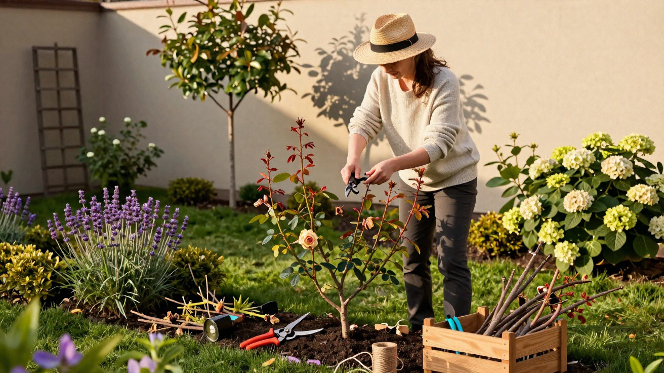Frau mit Strohhut schneidet Rosenzweige im Garten, umgeben von blühenden Pflanzen bei Sonnenschein.