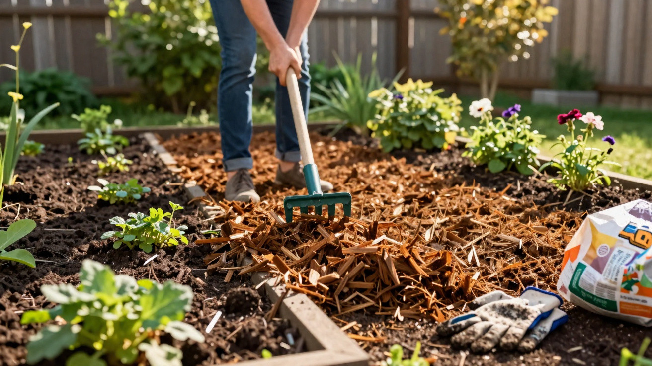 Person harkt Mulch in einem Blumenbeet im Garten bei Sonnenschein.