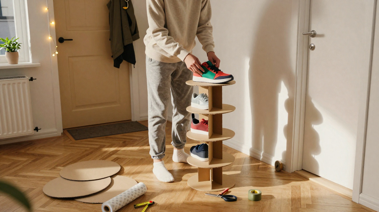Person stellt Schuhe auf ein selbstgebautes Schuhregal aus Karton in einem sonnendurchfluteten Raum.