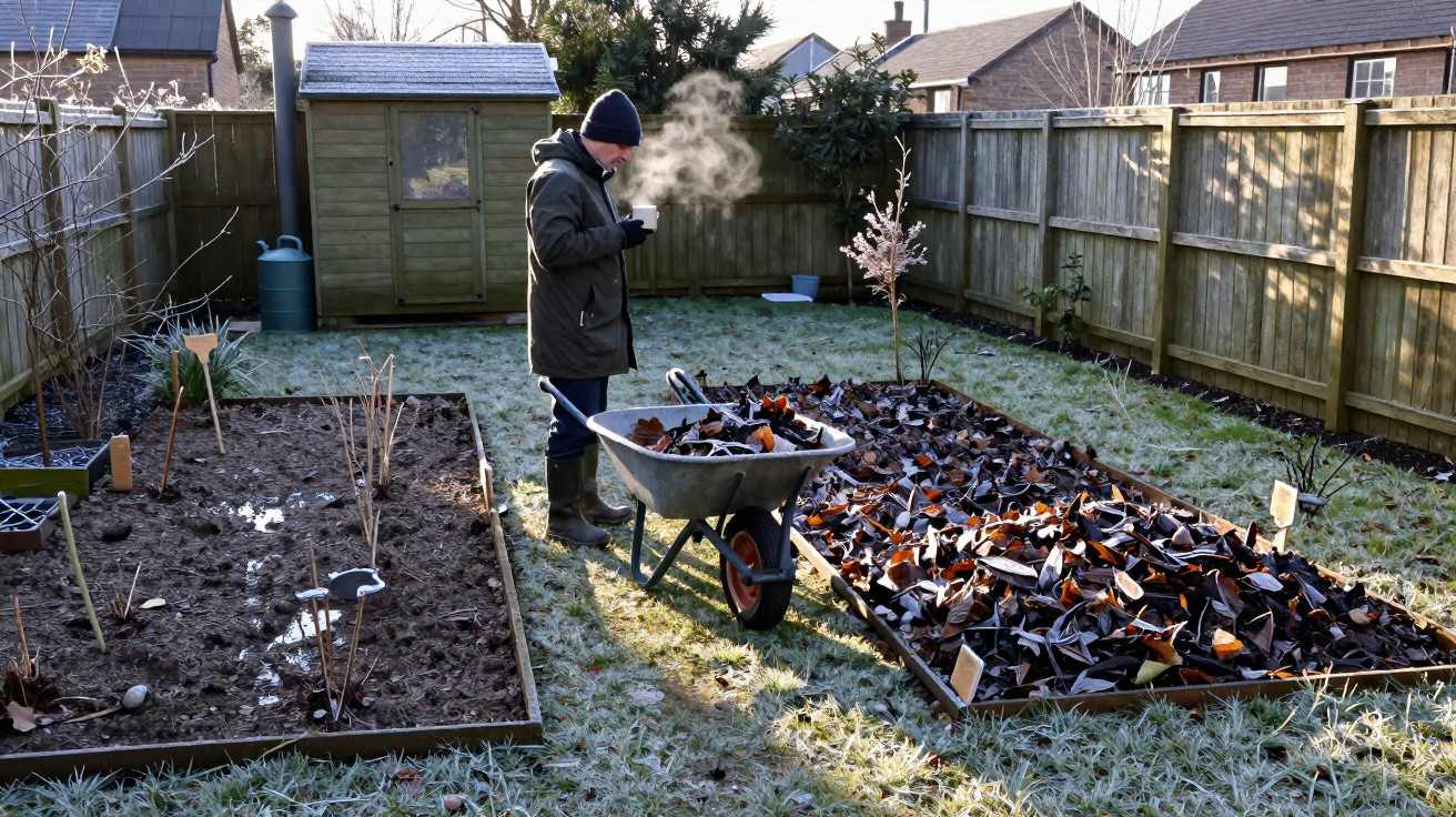 Mann mit Mütze und Jacke trinkt heißen Tee im frostigen Garten neben Laub und Schubkarre.