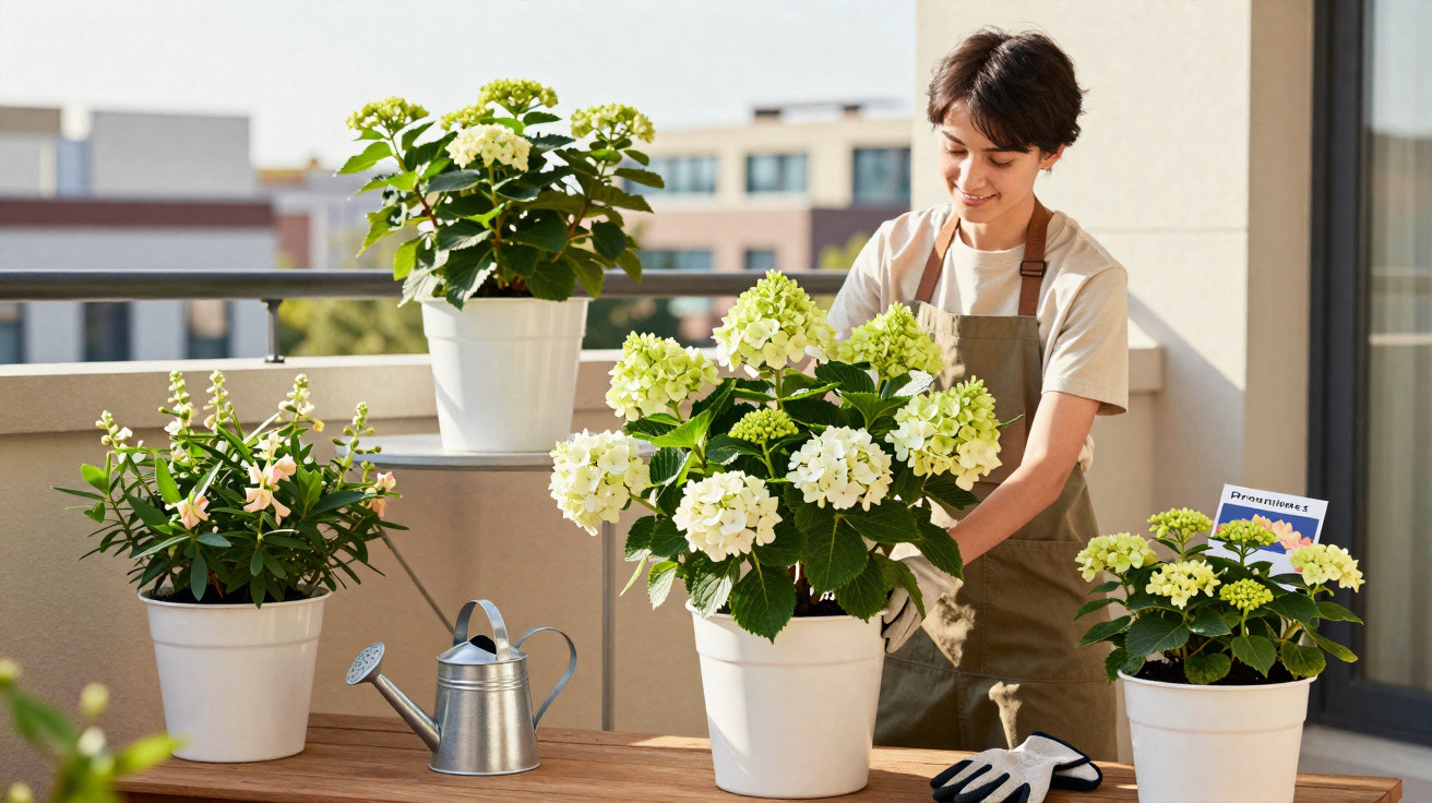 Frau gießt und pflegt Blumen in weißen Töpfen auf einem sonnigen Balkon.