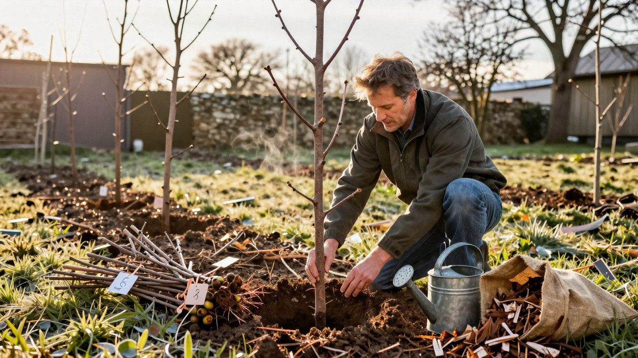 Mann pflanzt jungen Baum in sonnigem Garten mit Gießkanne und Setzlingen neben ihm.