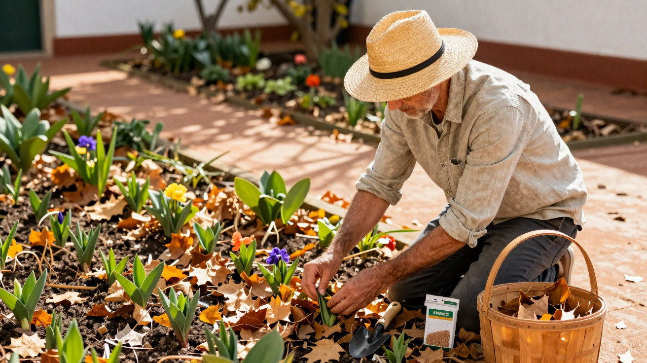 Älterer Mann mit Strohhut pflanzt Frühlingsblumen in Beet voller Laub im Garten auf Terrasse.