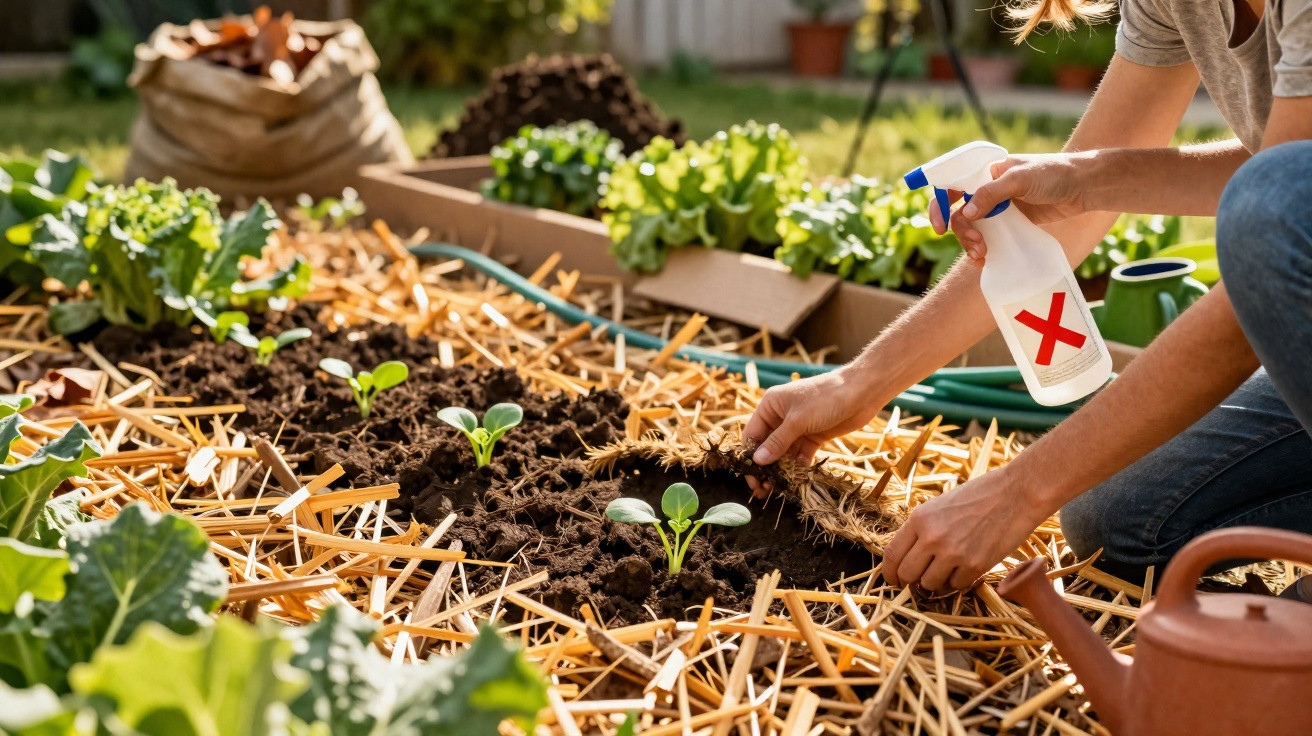 Person gießt Setzlinge im Garten mit einer Sprühflasche und mulcht das Beet mit Stroh.