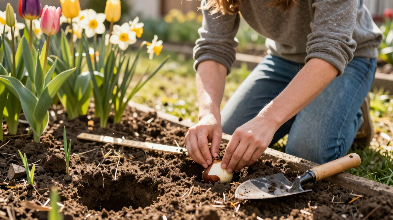 Frau pflanzt Blumenzwiebeln im Gartenbeet, umgeben von blühenden Tulpen und Narzissen.