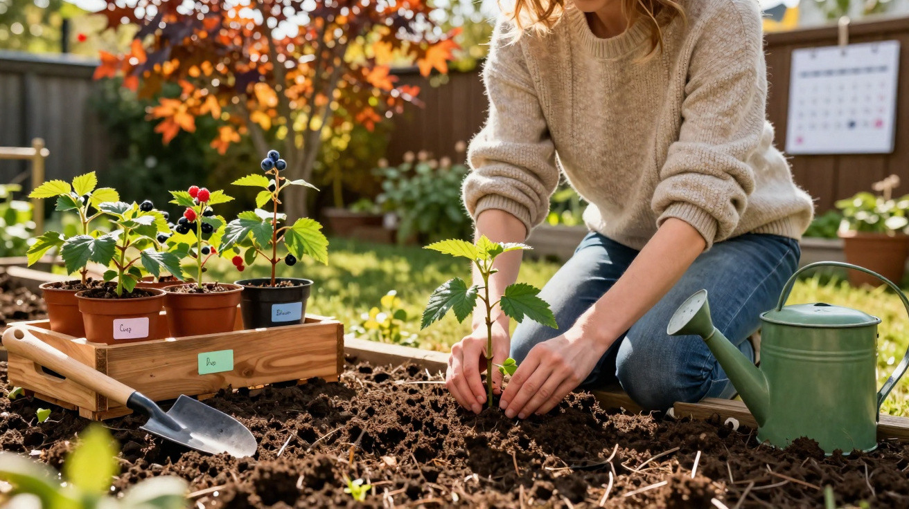 Eine Person pflanzt eine junge Pflanze im Garten bei sonnigem Herbstwetter.