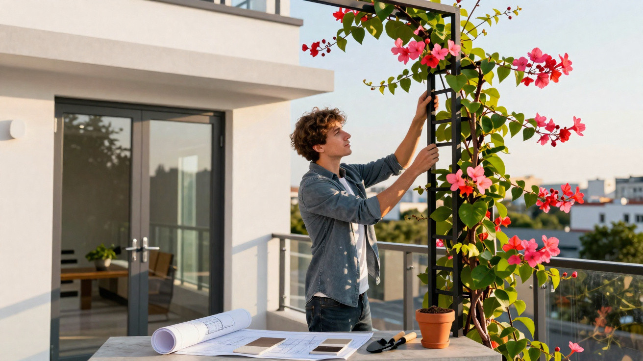 Mann dekoriert Terrasse mit blühender Kletterpflanze auf einem Metallgitter bei Tageslicht.