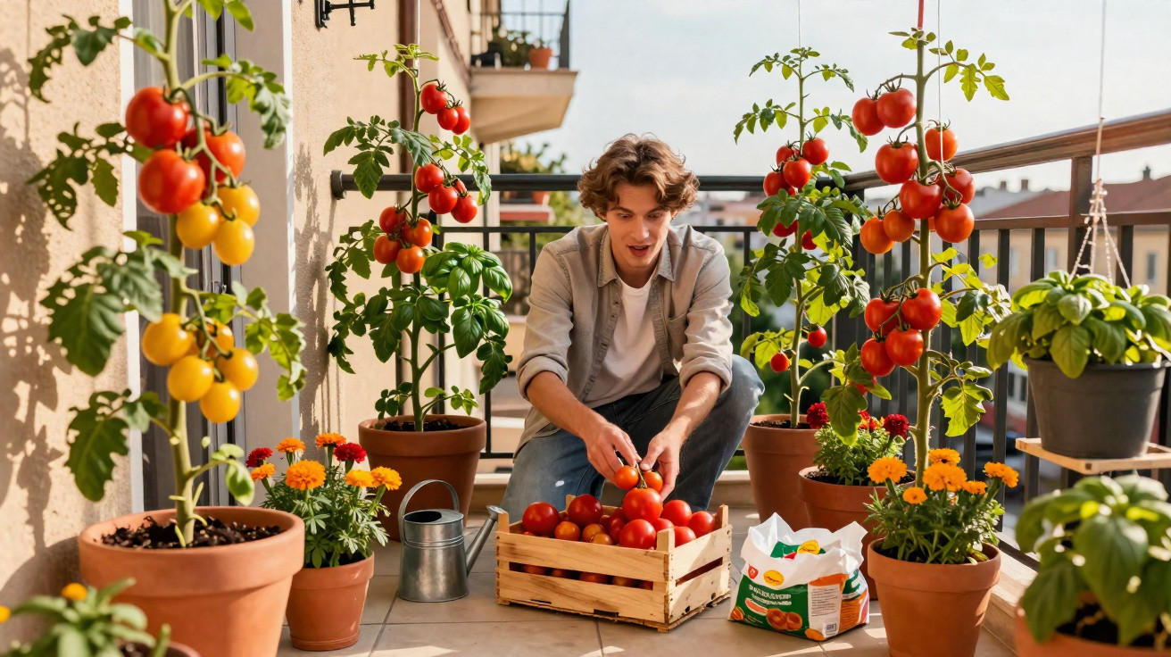 Junger Mann erntet reife Tomaten auf einem Balkon mit vielen Pflanzen in Töpfen bei Sonnenlicht.