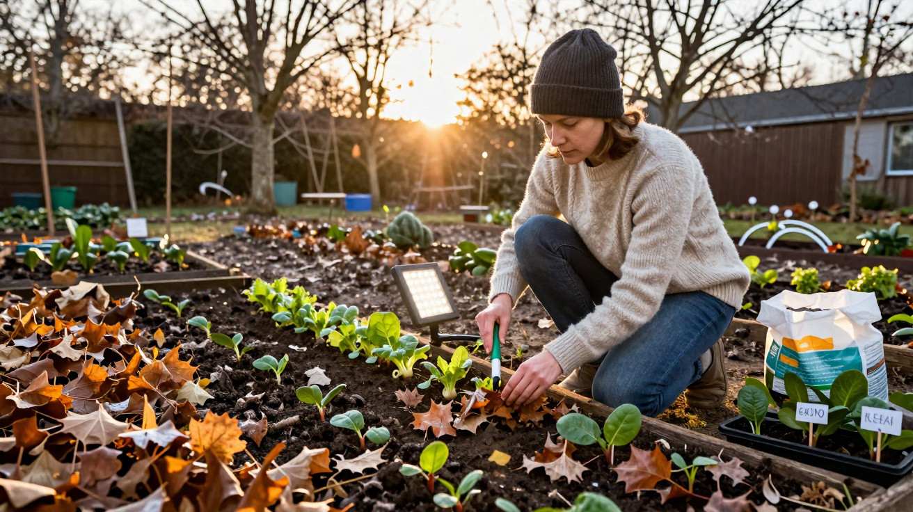 Frau mit Mütze und Pullover pflegt Gemüsepflanzen in Hochbeet bei Sonnenuntergang im Herbst.