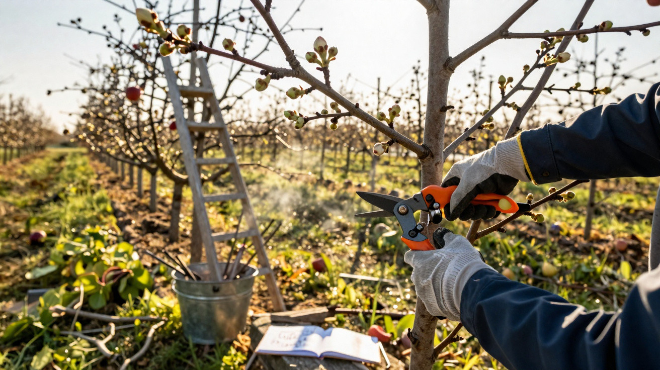 Person schneidet junge Zweige eines Obstbaums in einem sonnigen Obstgarten mit Gartenschere.