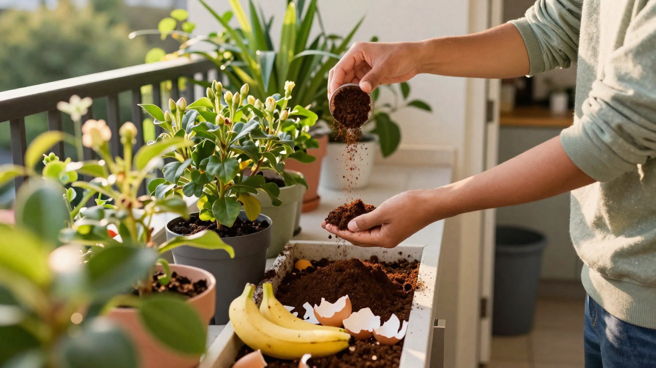 Person gibt Komposterde auf Balkon in die Hand, neben Pflanztöpfen, Bananenschale und Eierschalen im Kompostbehälter.