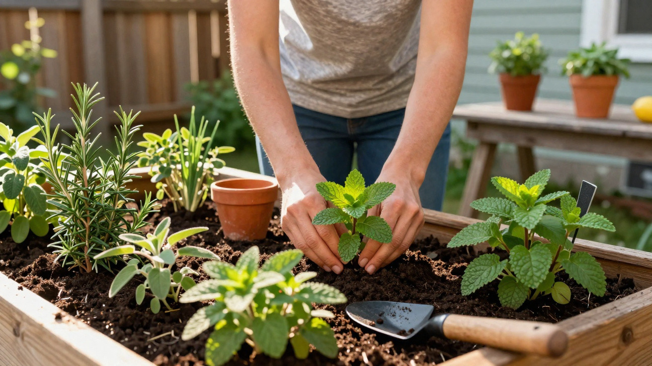 Person pflanzt junge Kräuterpflanzen in ein Hochbeet im Garten bei Tageslicht.