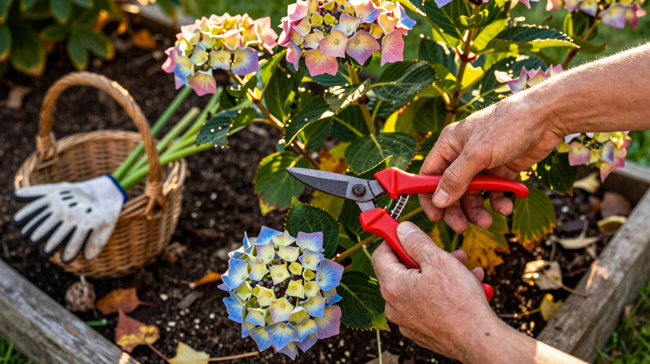 Hände schneiden mit roter Gartenschere bunte Hortensienblüten in einem Hochbeet.