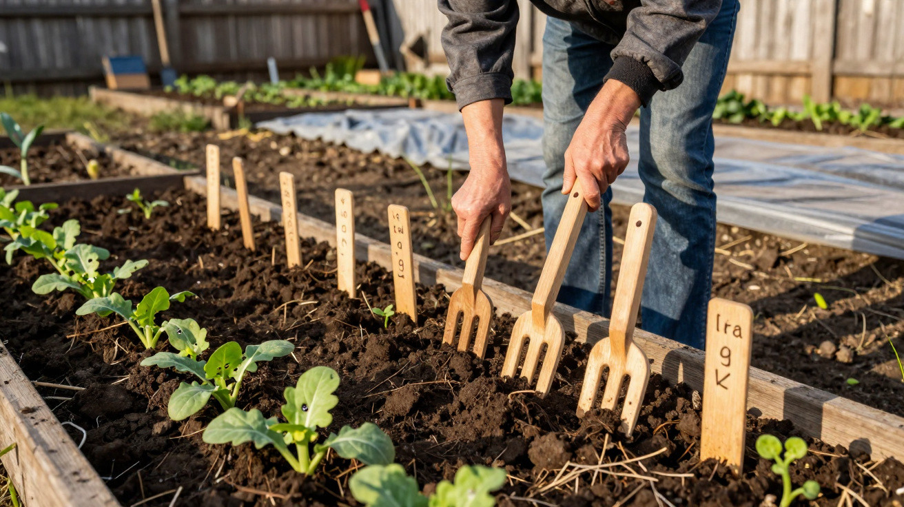 Person lockert Erde in einem Hochbeet mit kleinen Holzgartengabeln, beschriftete Pflanzschilder sichtbar.