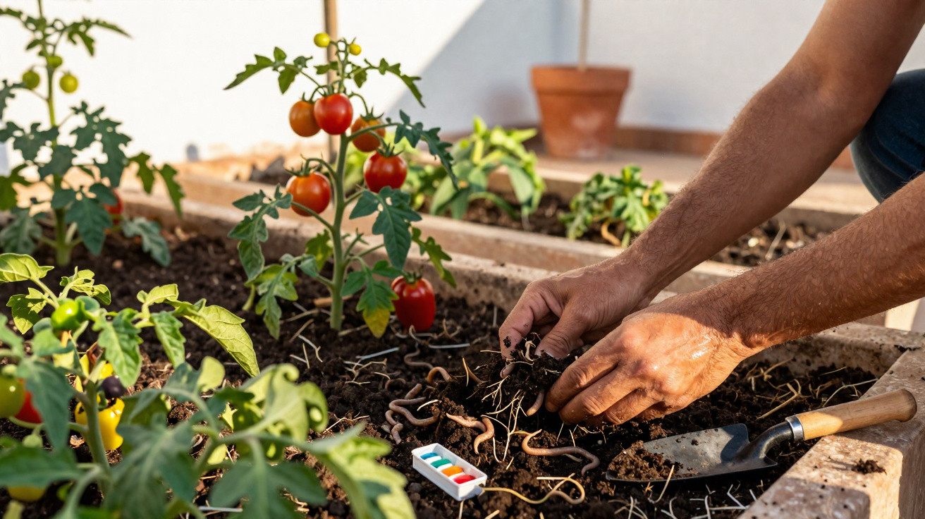 Person pflanzt Regenwürmer in einen Hochbeetkasten mit Tomatenpflanzen und Gartenerde.
