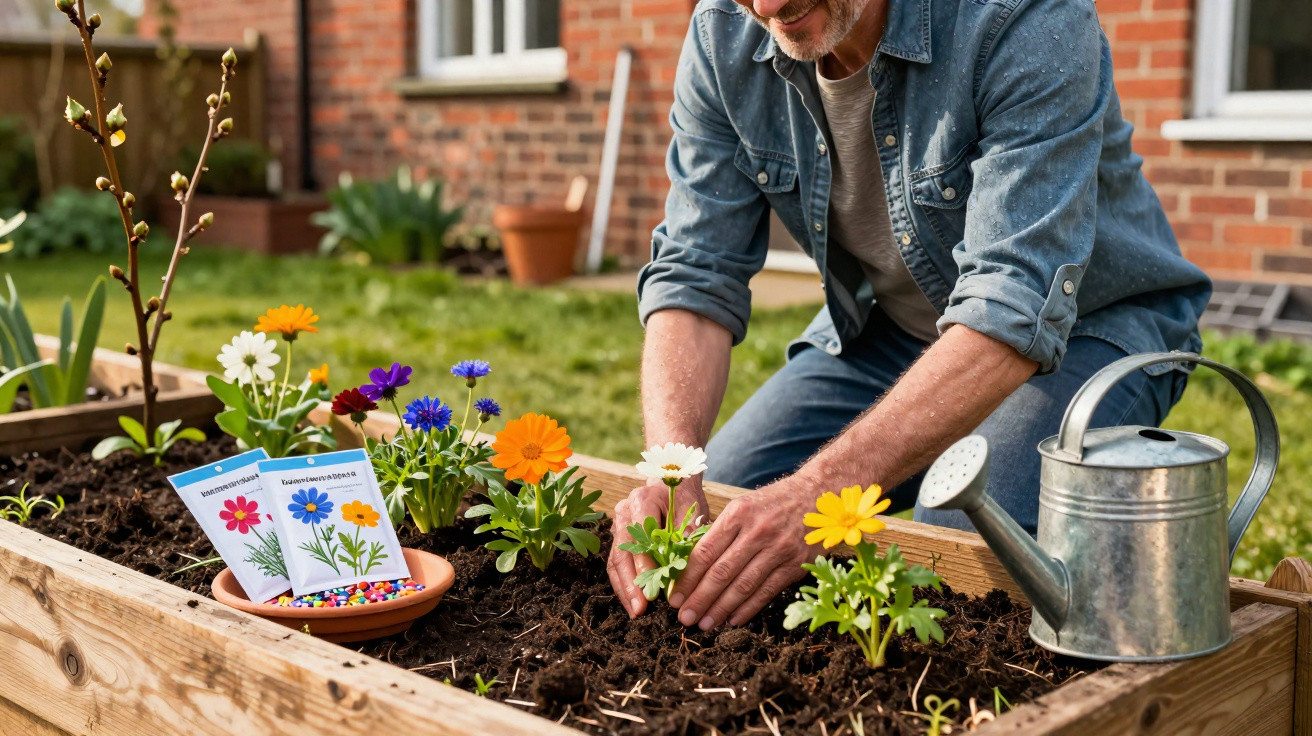 Mann pflanzt bunte Blumen in ein Hochbeet im Garten, daneben steht eine Gießkanne aus Metall.