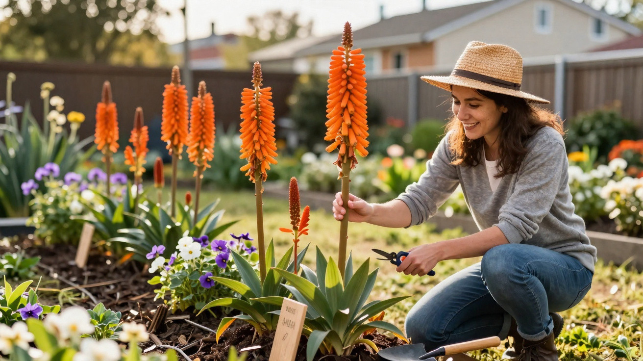 Frau mit Strohhut schneidet orangefarbene Blumen in einem gepflegten Garten bei sonnigem Wetter.