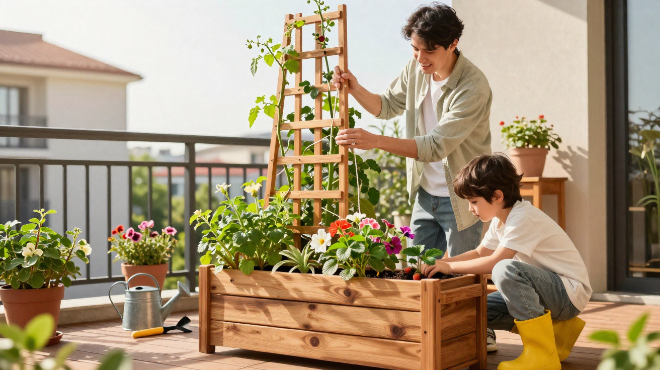 Vater und Sohn gärtnern gemeinsam im Holzhochbeet auf Balkon mit bunten Blumen und Tomatenpflanze.