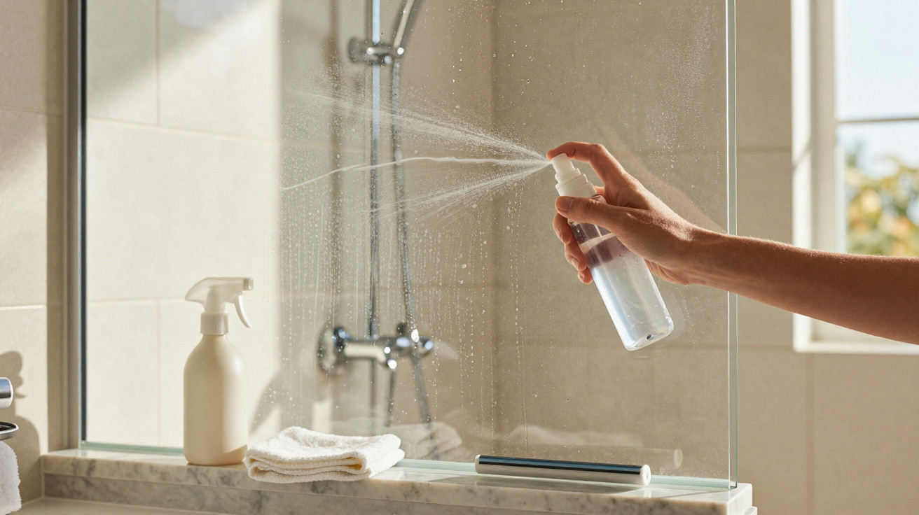 Hand sprüht Glasreiniger auf Duschabtrennung im hellen Badezimmer mit Handtüchern und Flasche auf Marmorablage.
