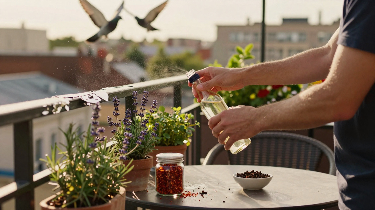 Person sprüht Wasser auf Kräuter in Töpfen auf einem Balkon bei Sonnenlicht mit zwei fliegenden Vögeln im Hintergrund.