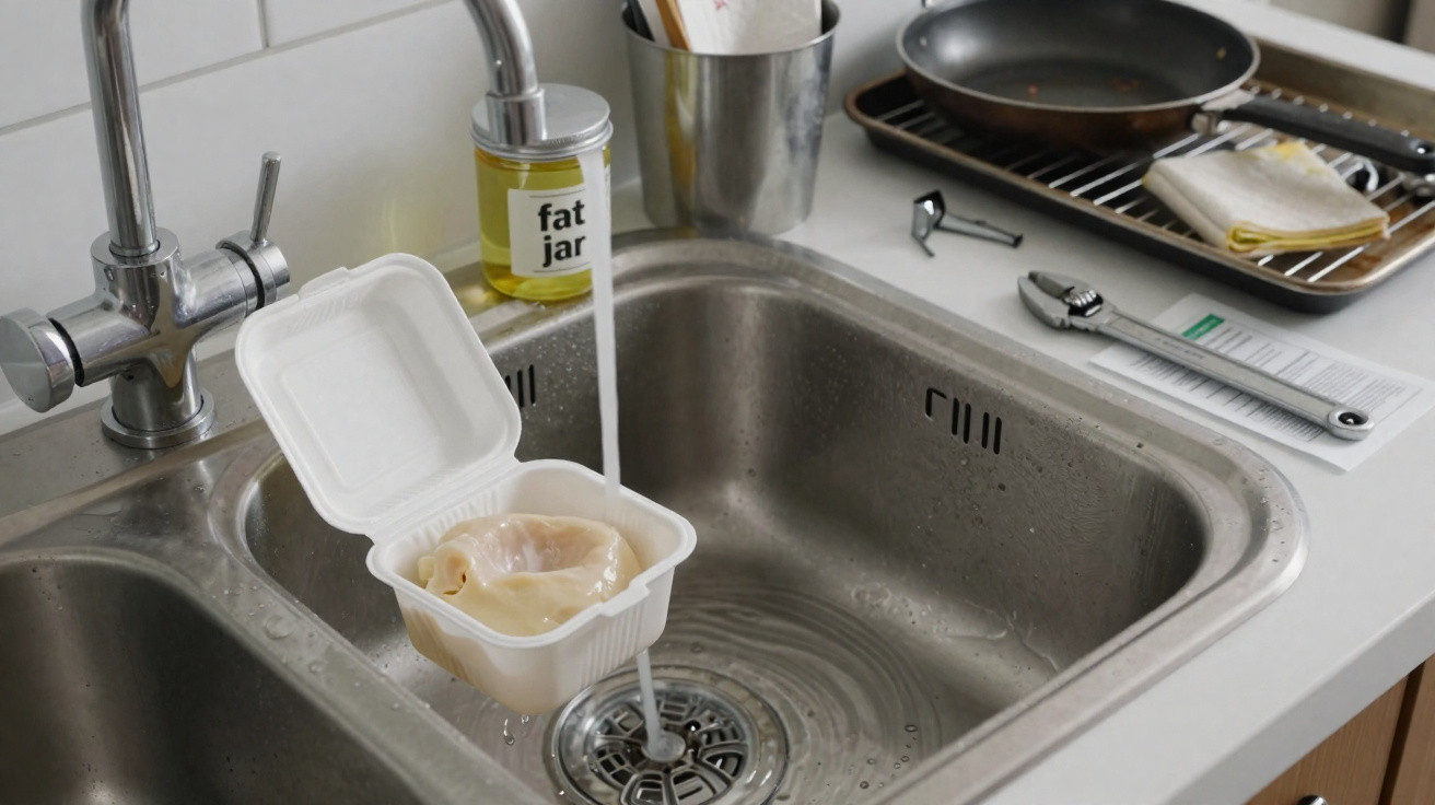 Ein Waschbecken mit fließendem Wasser, eine geöffnete weiße Schachtel mit einem Lebensmittel darin.