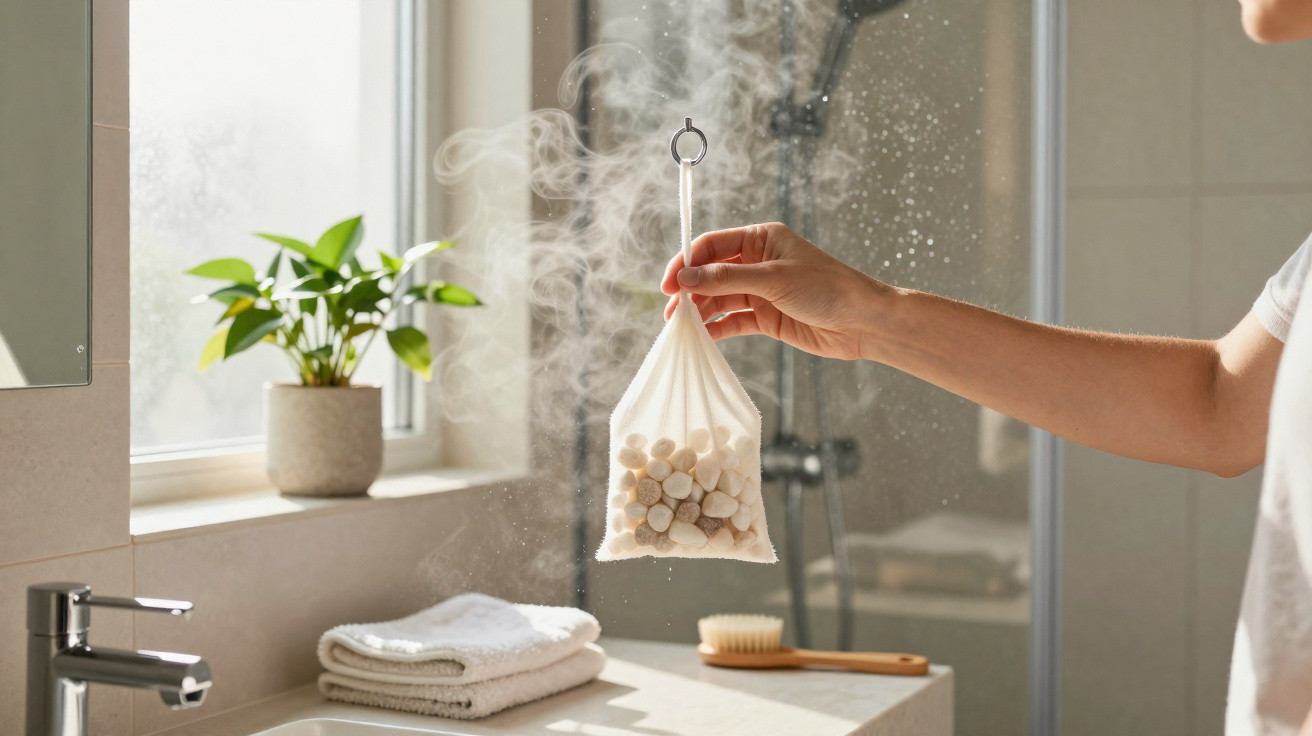 Hand hält Dampfsäckchen über Waschbecken in modernem Badezimmer mit Pflanzen und Handtüchern