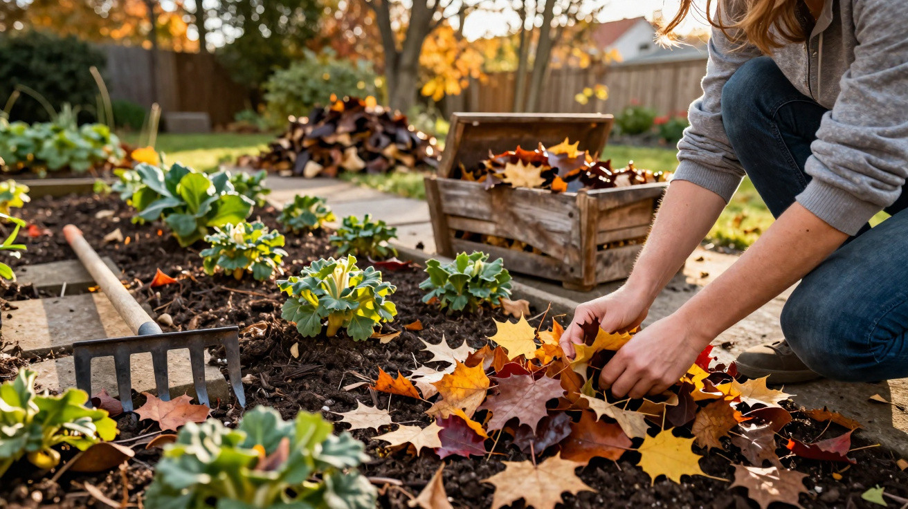 Frau sammelt im Herbst bunte Blätter im Garten, neben Beet mit grünem Pflanzen und Holzbox.