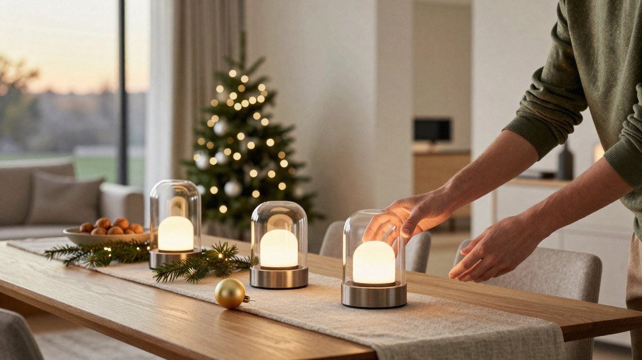 Person richtet beleuchtete Deko-Lampen auf festlich geschmücktem Tisch mit Weihnachtsbaum im Hintergrund her.